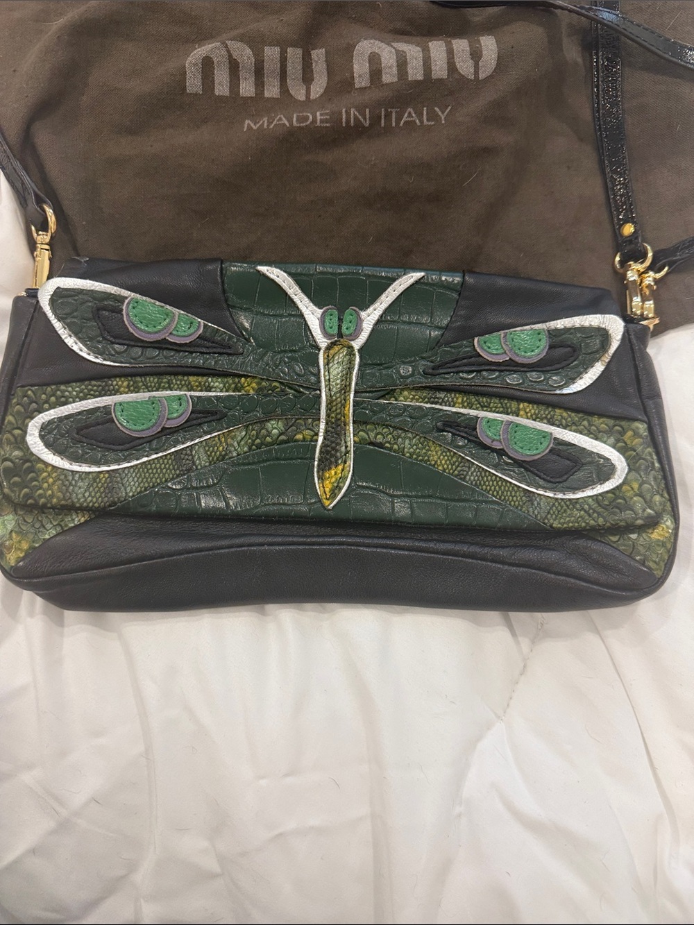 Miu Miu Green and Black Dragonfly Appliqué Leather Crossbody/Clutch - Picture 2 of 13